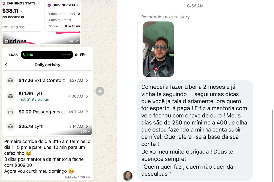 Mensagens de motoristas — prints reais de WhatsApp e Instagram