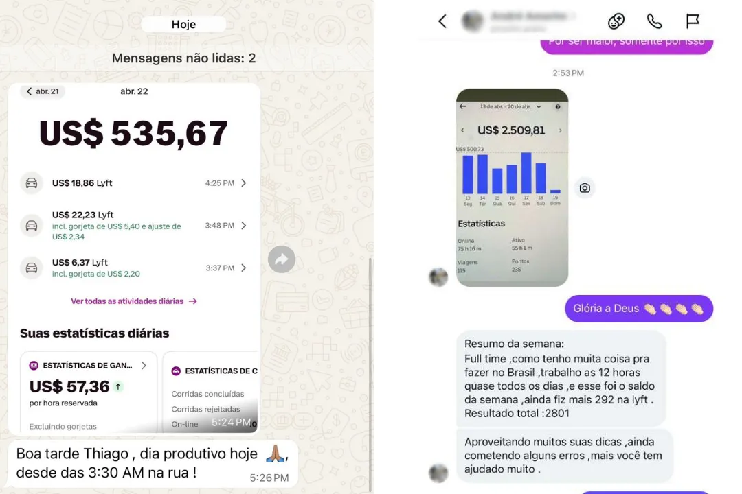 Mensagens de motoristas — prints reais de WhatsApp e Instagram