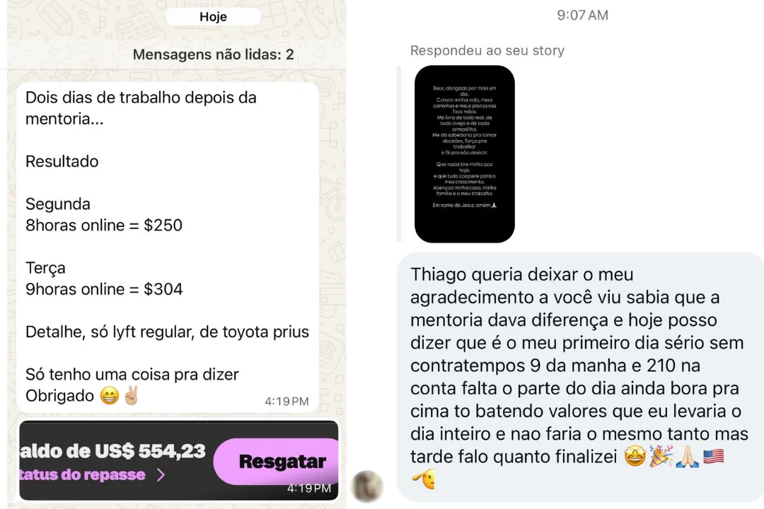 Mensagens de motoristas — prints reais de WhatsApp e Instagram