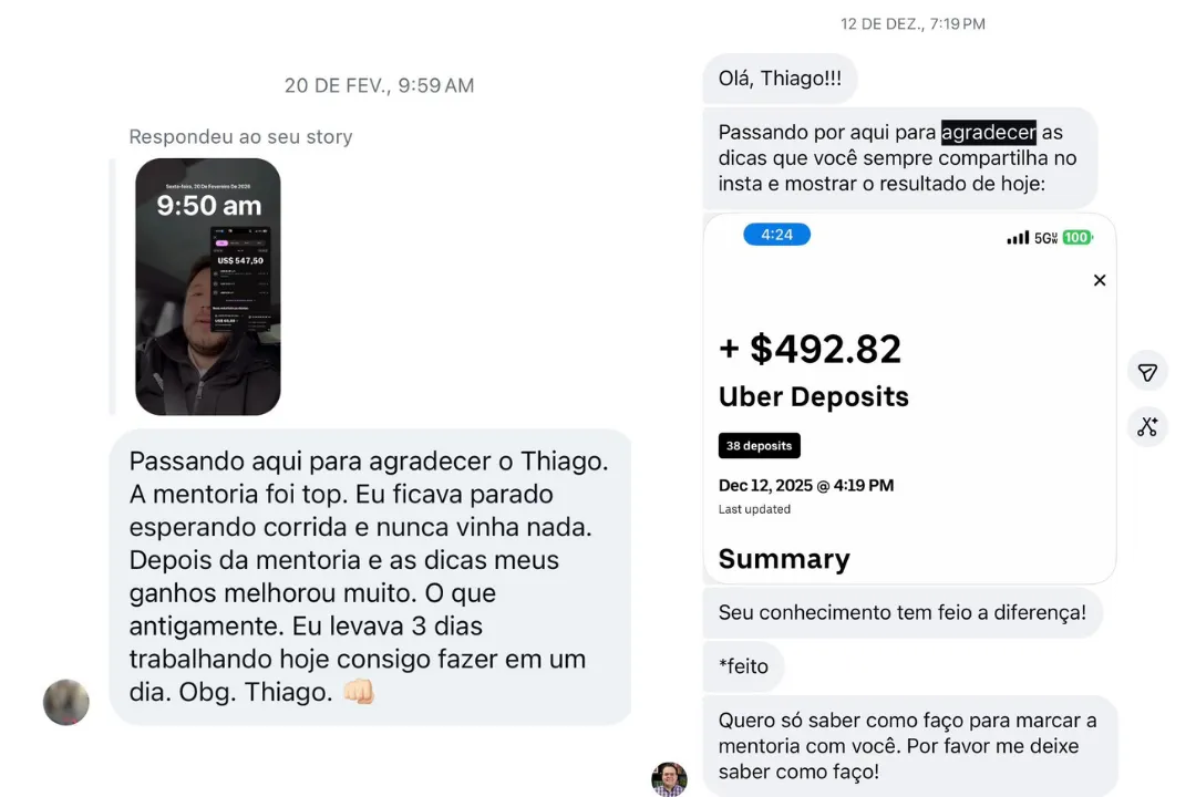 Mensagens de motoristas — prints reais de WhatsApp e Instagram